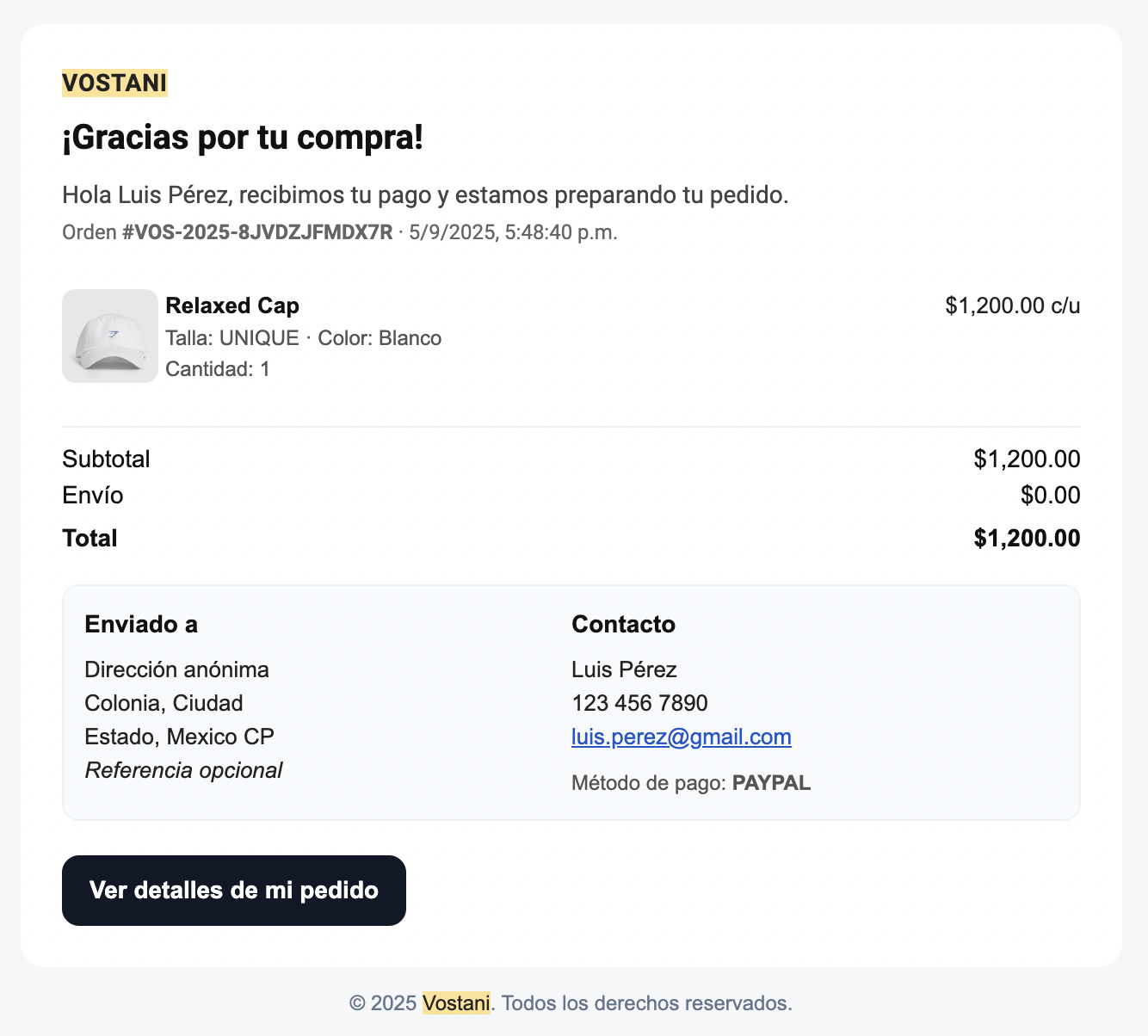 Ejemplo de correo de confirmación con número de pedido